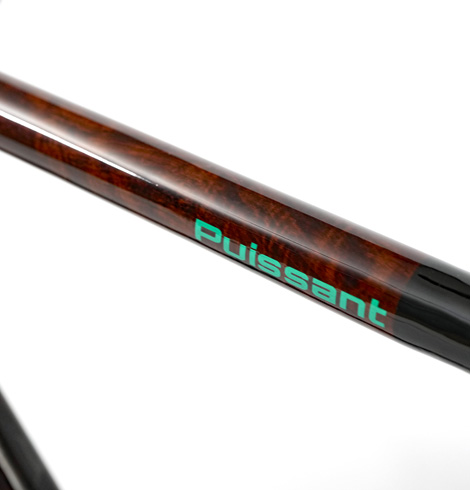Jarrah HTech Puissant wooden HRP top tube with green Puissant logo