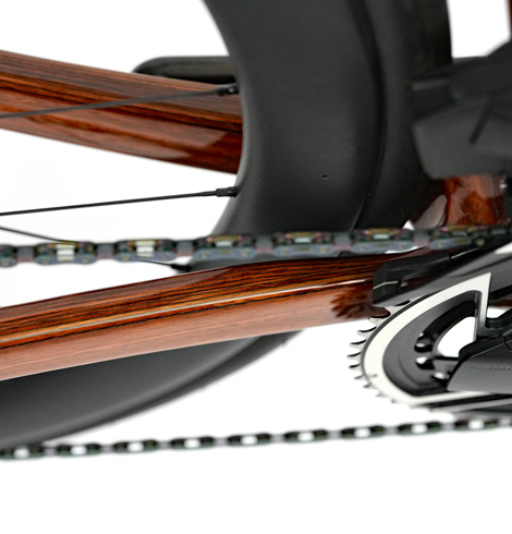 The tapered and laminated wooden drive side chain stay of a HTech Aeriform