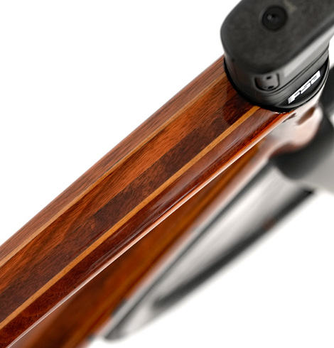 Close up of wooden top tube made of Jarrah with Brown Mallet wood stripes