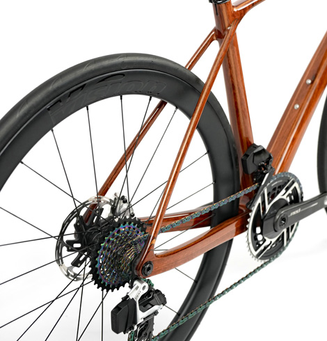 Drive side shot of a wooden HTech Aeriform fitted with SRAM Red E1 groupset