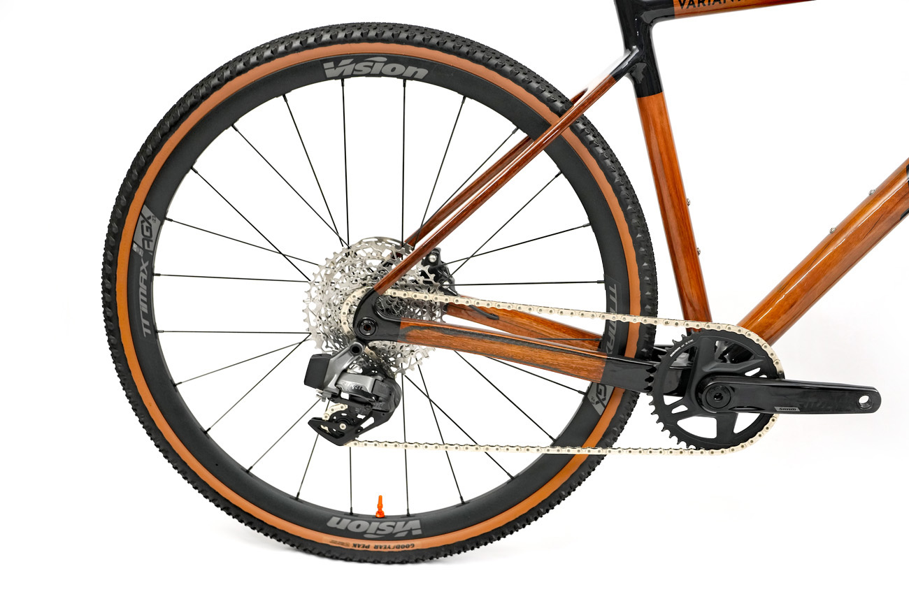 Karri rear triangle of HTech Variantia with SRAM Rival groupset, Vision Trimax rear wheel, Goodyear Peak tyre