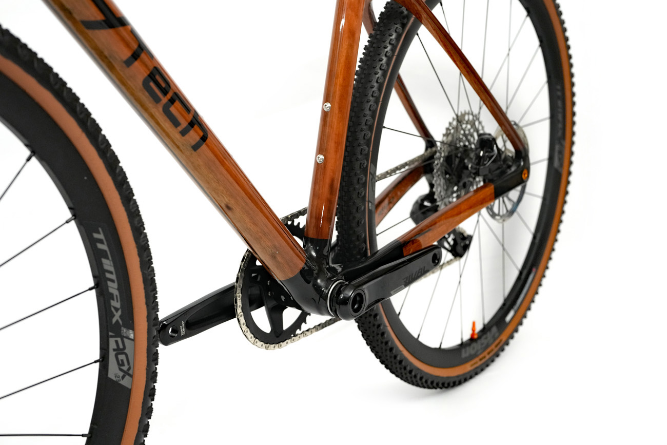 Bottom bracket shot from non-drive side of Karri HTech Variantia with SRAM Rival XPLR 1x wide crankset